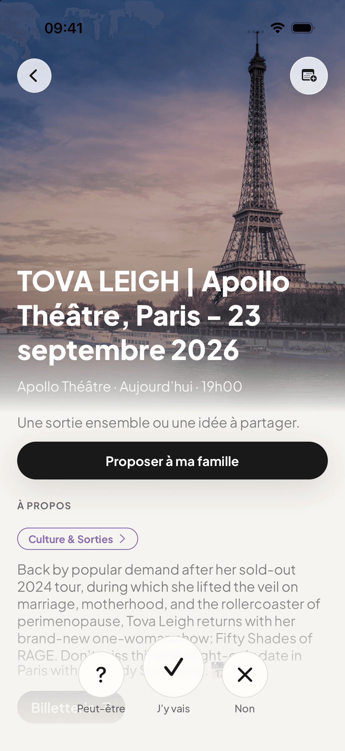 Fiche événement dans Famly, avec l’action commune Proposer à ma famille et les réponses à l’invitation.