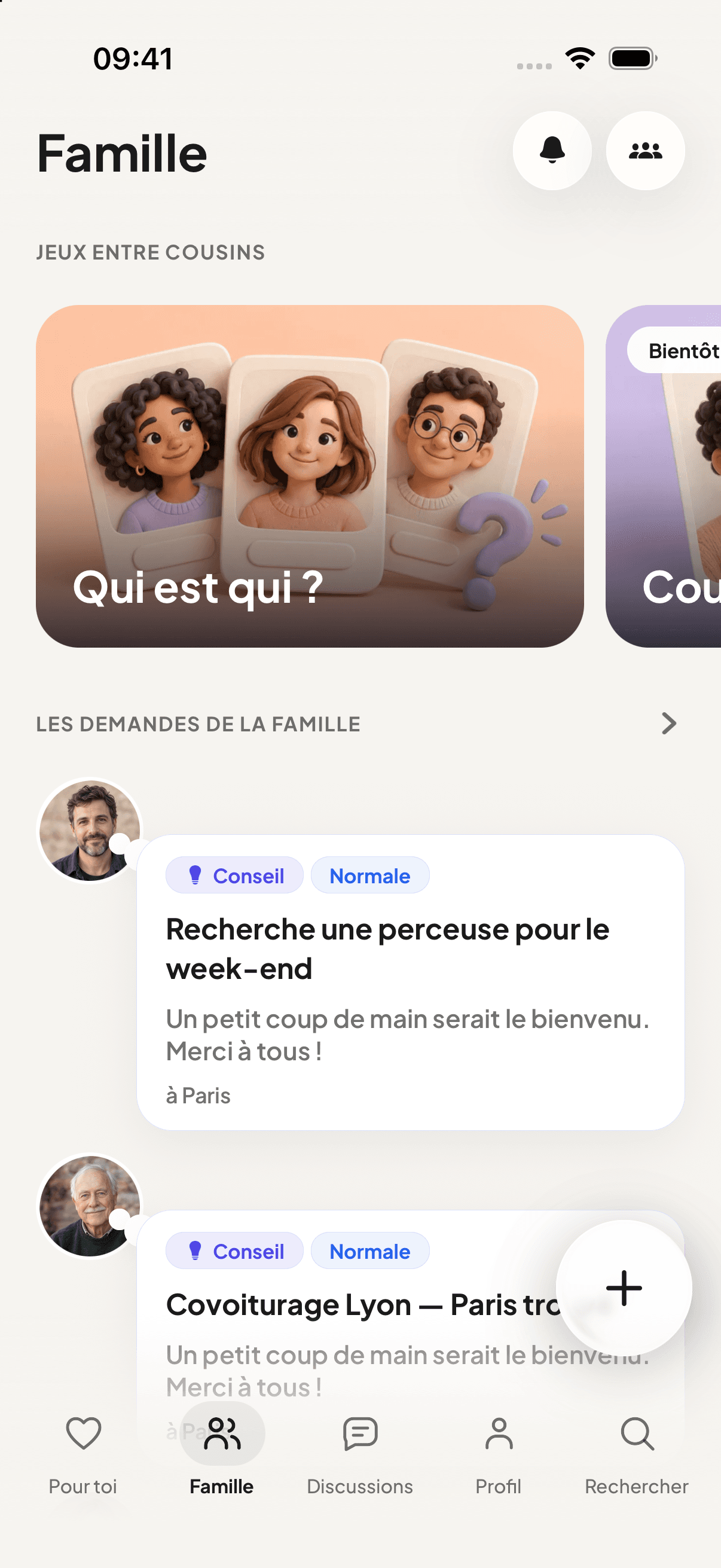 Écran Famille de Famly : jeux entre cousins et demandes de coups de main entre proches.