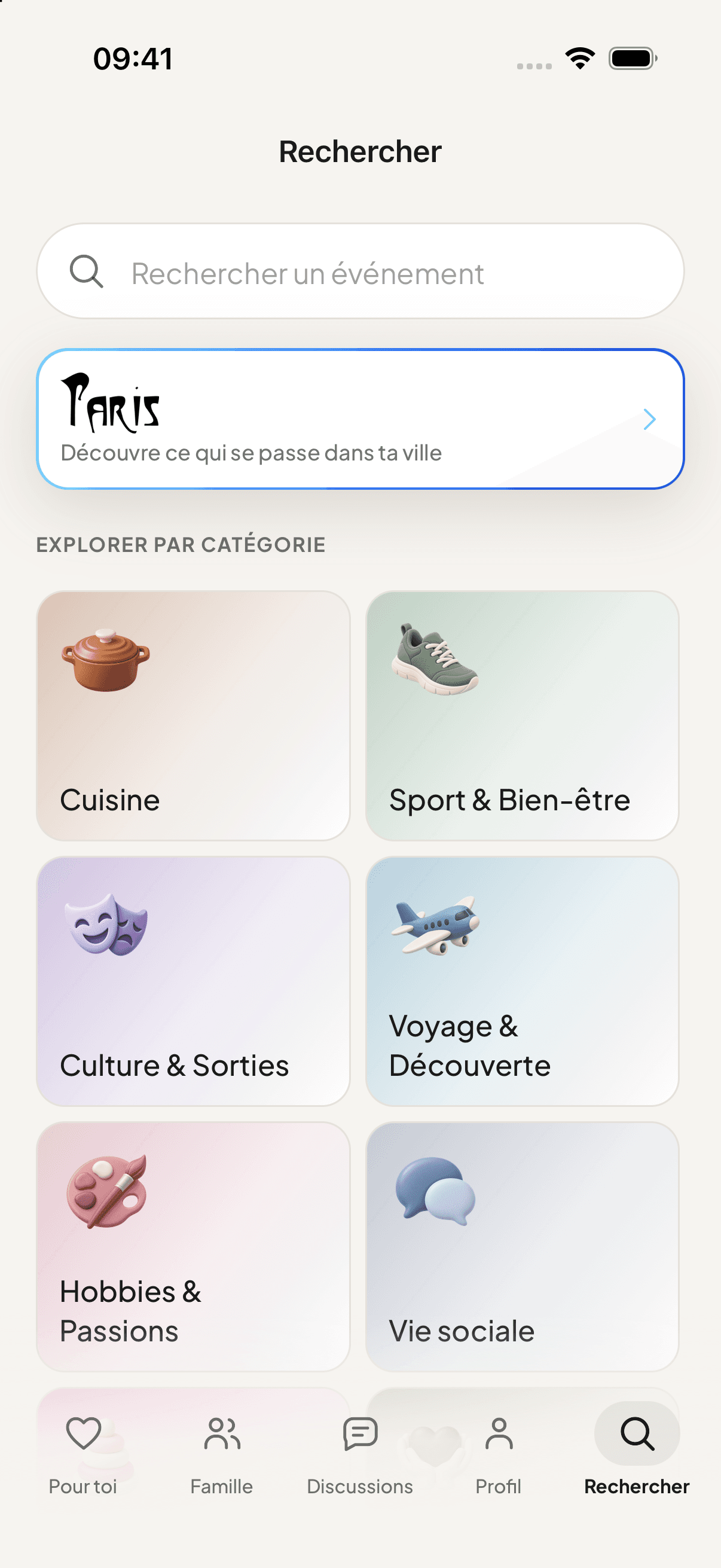 Écran Rechercher de Famly : sorties à Paris et catégories illustrées Cuisine, Sport, Culture et Voyage.